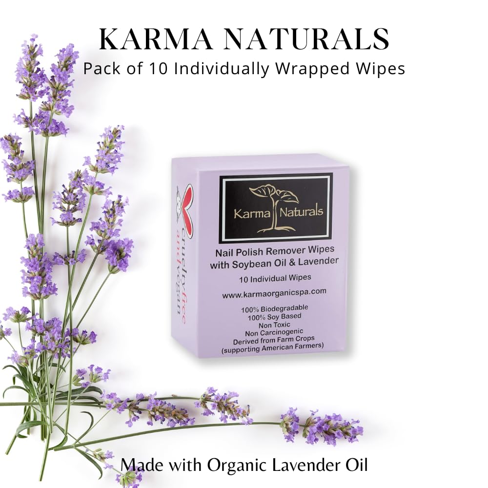 Karma Organic lavender oil drops highlight calming lavender aroma on wipes.
