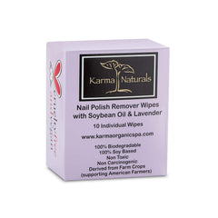 Karma Organic nail polish remover wipes packaging close-up for on-the-go freshness.