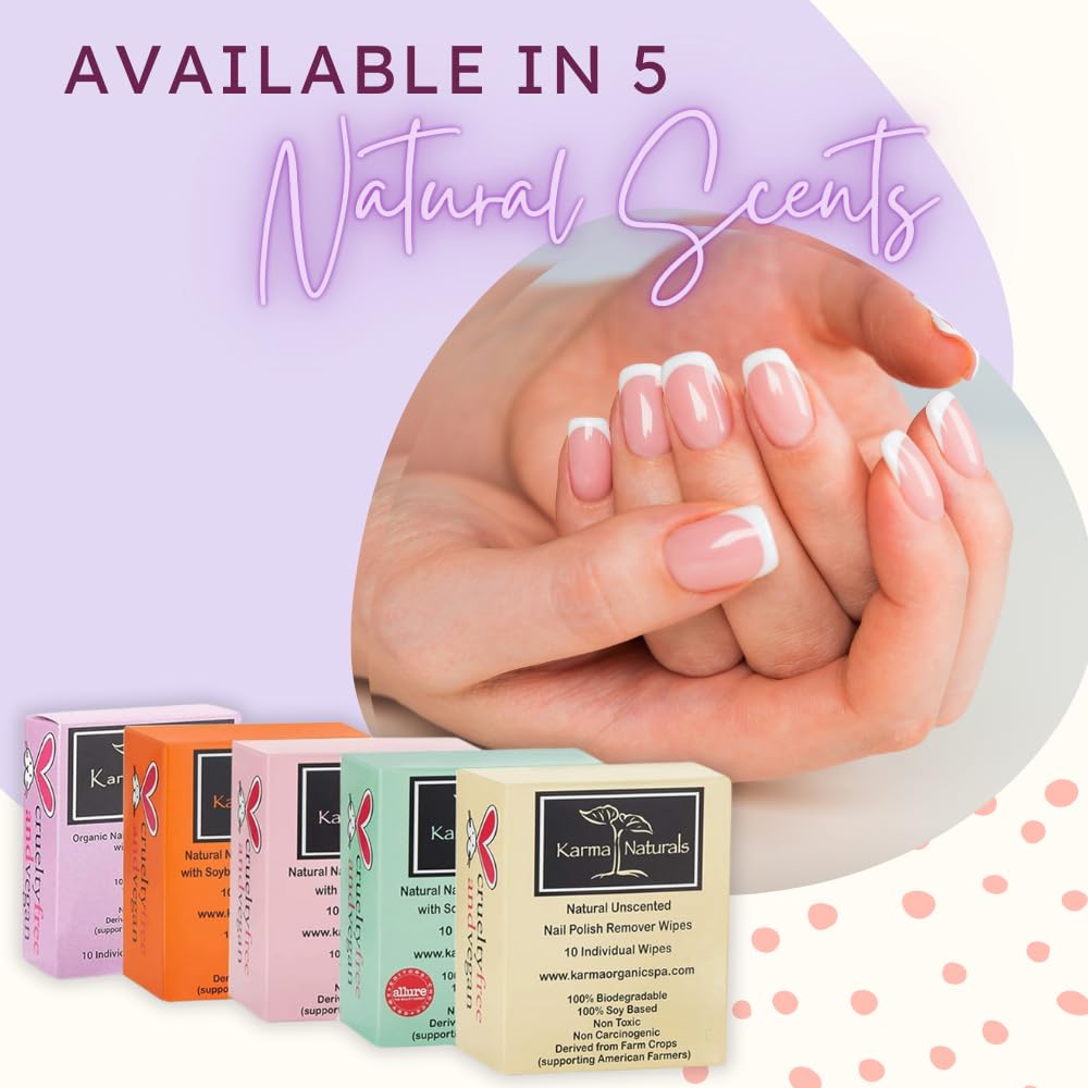 Karma Organic nail polish remover wipes soy-based formula highlights gentle nail care.