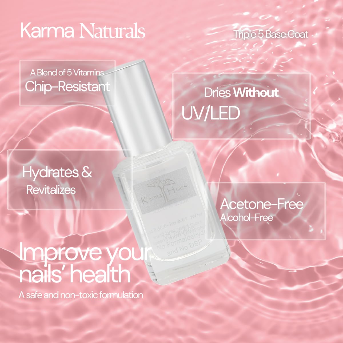 Karma Organic Triple 5 base coat on nails close-up shows durability potential