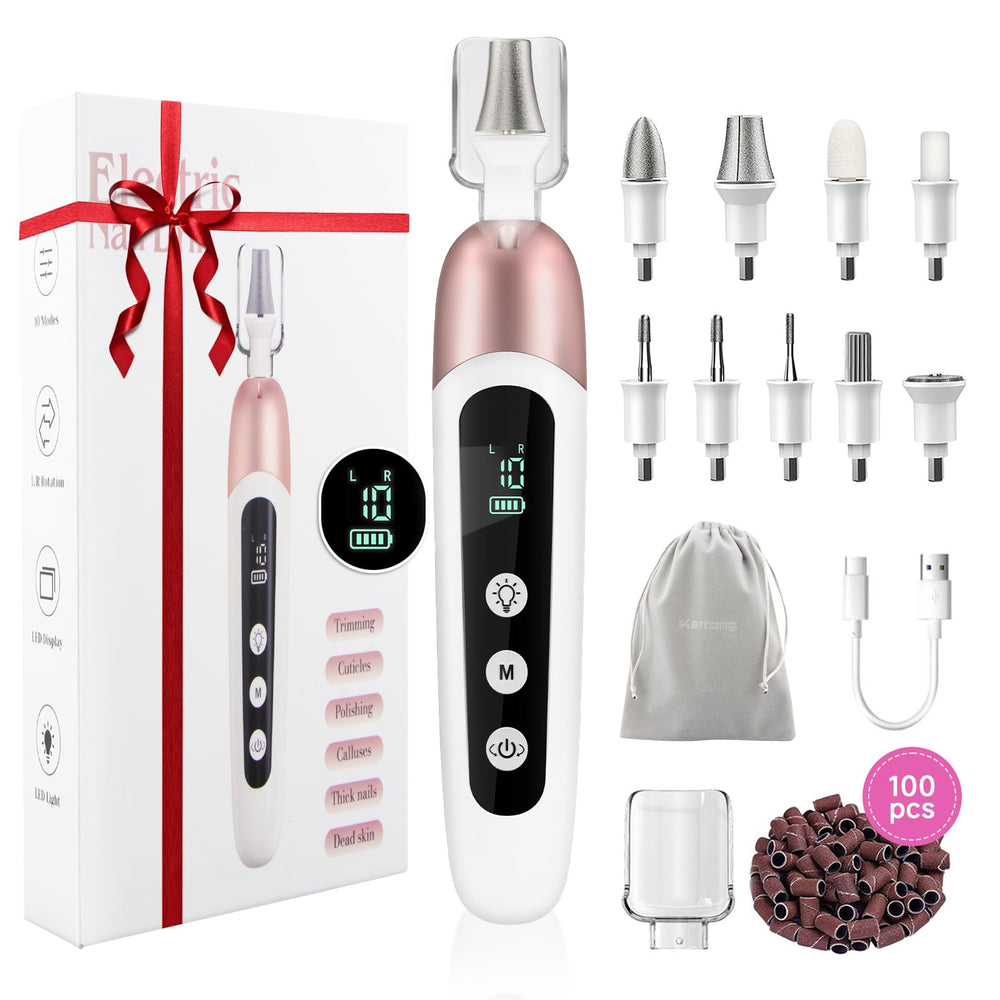 Karrong electric nail file with 10 speeds LCD display for precise shaping.