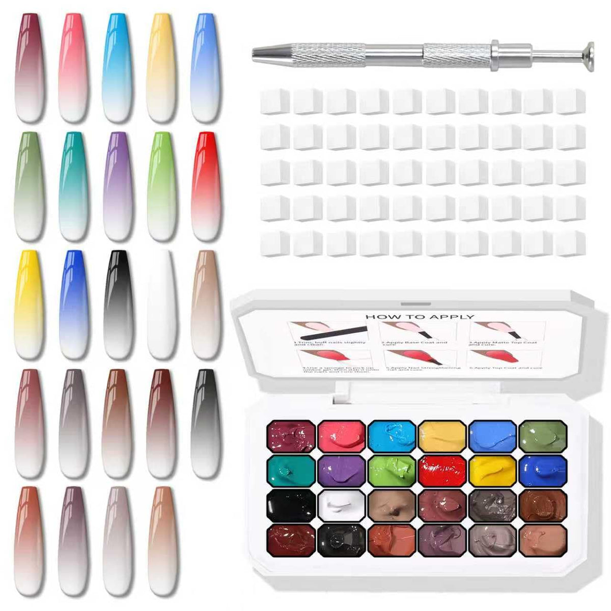 Karroy 24-color sponge pat paint palette enables quick ombre nail art at home.