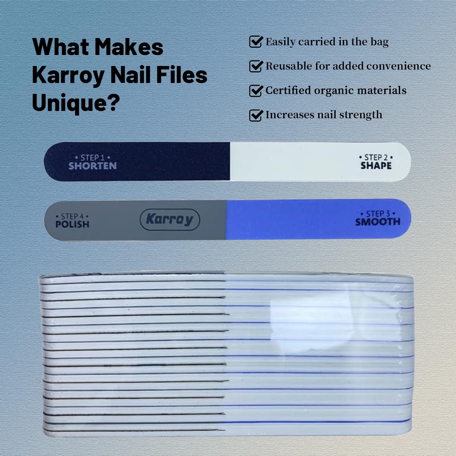 Karroy emery board material shows EVA-based quality for durable filing.