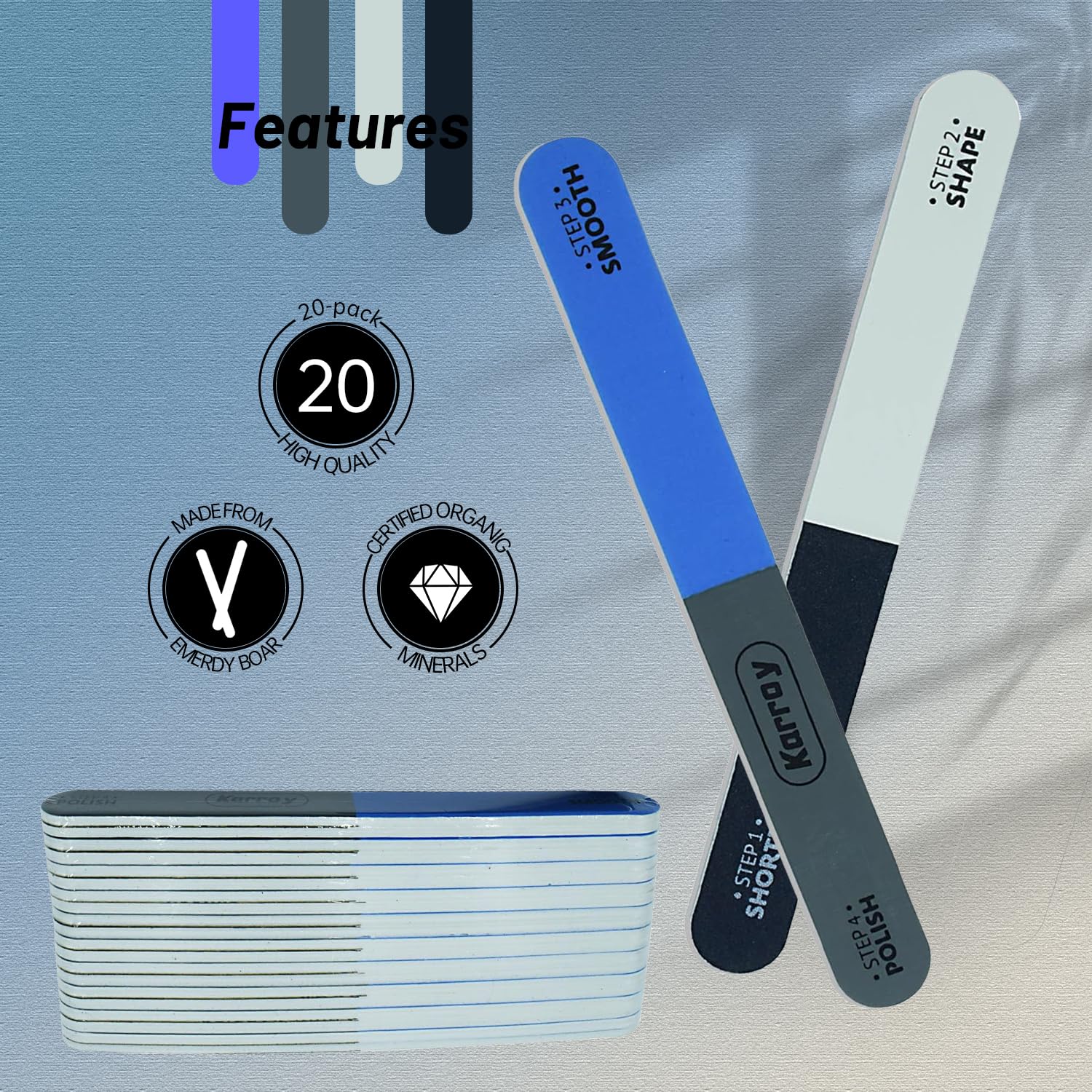 Karroy nail files pack 20pcs ideal for monthly use and backups.