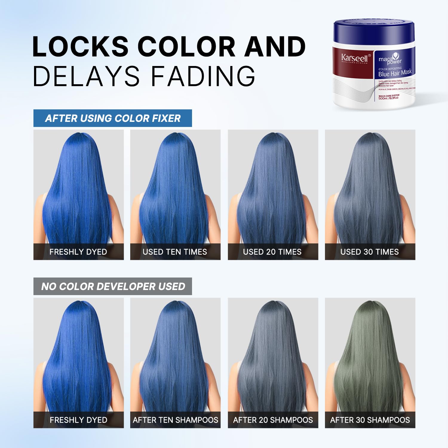 Karseell blue conditioner on damp hair showing ready-for-use texture
