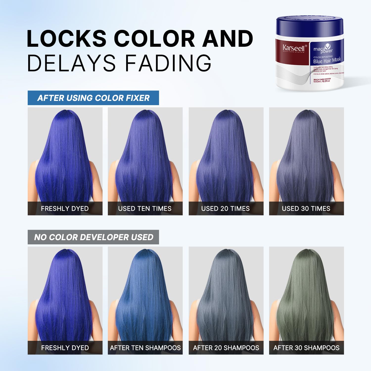 Packaging close-up of Karseell blue color depositing conditioner texture and lid