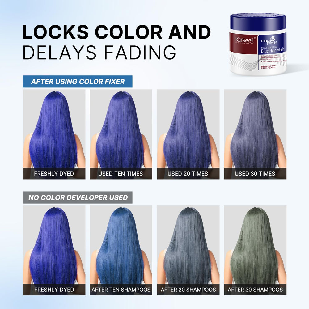 Packaging close-up of Karseell blue color depositing conditioner texture and lid
