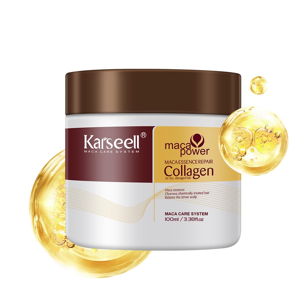 Karseell collagen hair mask bottle close-up for travel-friendly repair.