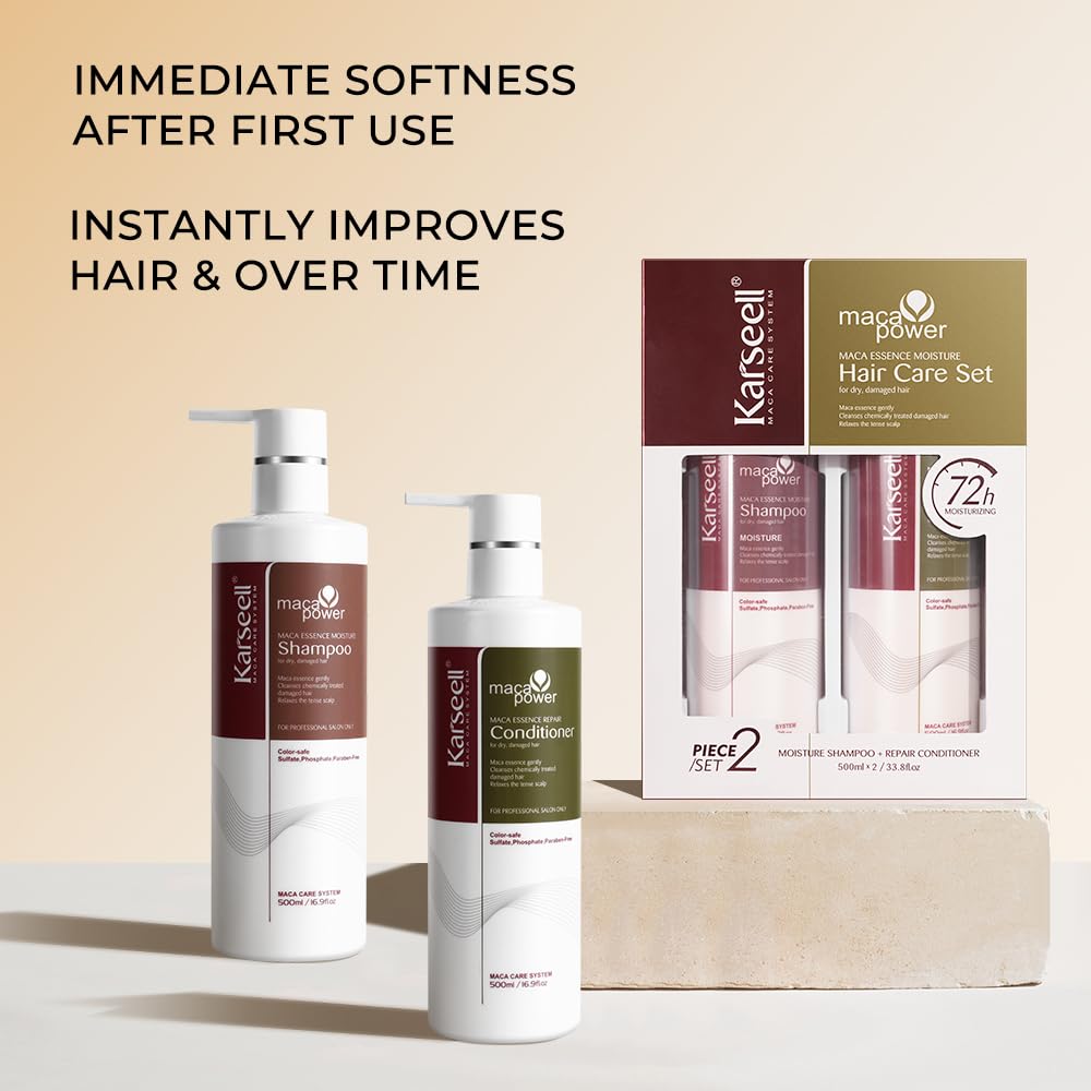 Karseell treatment in use shows smooth, nourished strands after application.