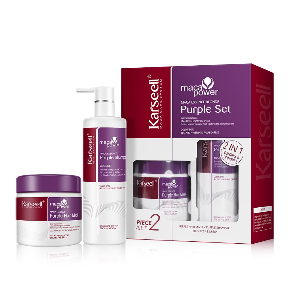 Karseell Maca Power Purple Shampoo bottle closeup demonstrating color-brightening for blonde and gray hair.