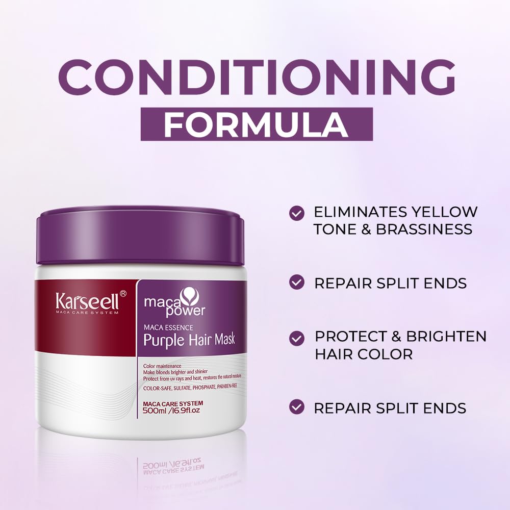Karseell Purple Hair Mask applying in hands demonstrates easy, controlled usage with safe strand focus.