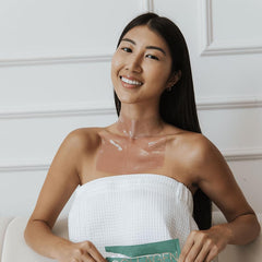Karuna neck and chest hydrogel mask on neck demonstrating targeted care
