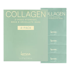 Karuna collagen neck and chest hydrogel mask packaging shows a convenient four-pack for at-home therapy