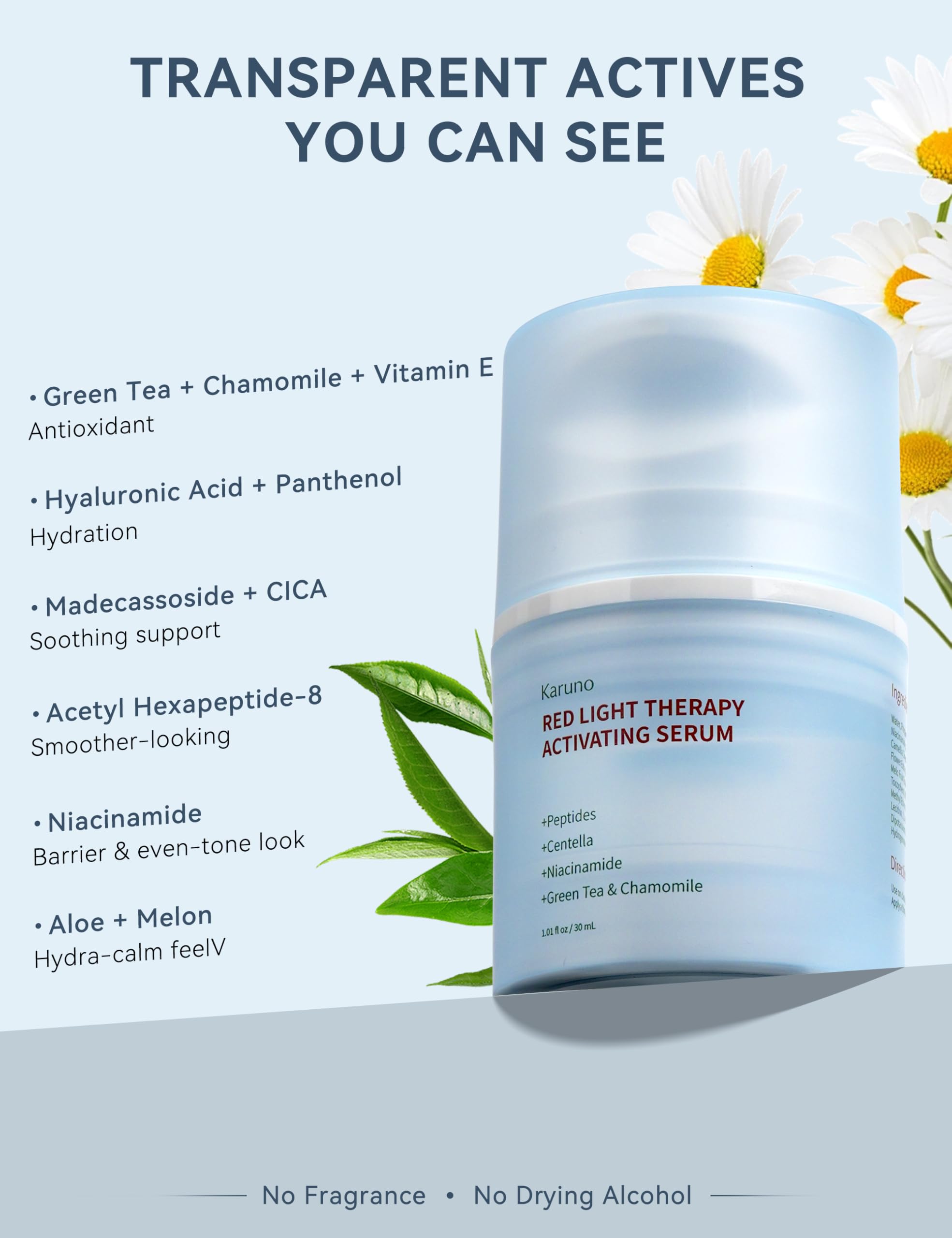 KARUNO Red Light Activation Serum label detail highlighting hyaluronic acid and green tea.