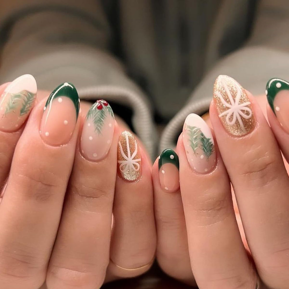 KASOICRA Christmas almond nails with holly bow glitter for a festive manicure