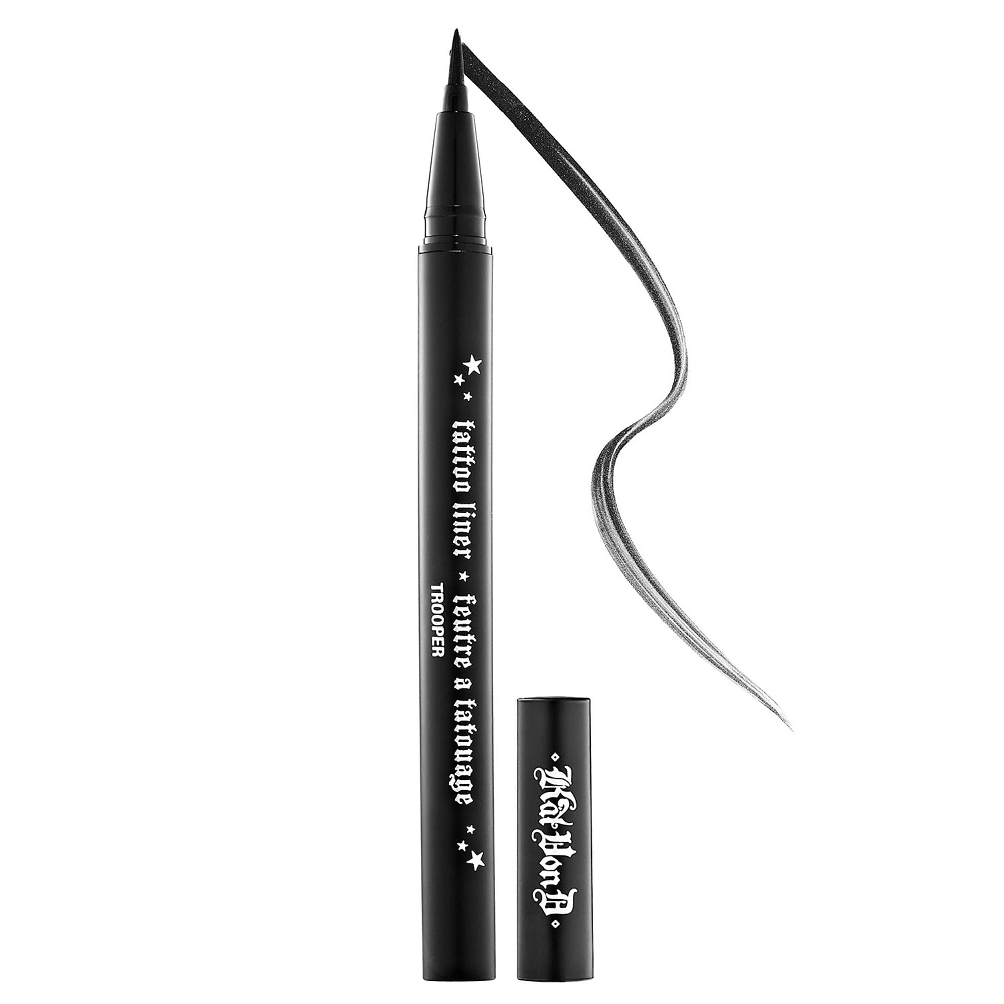 Kat Von D Tattoo Liner Trooper Black unboxed close-up shows precise tip for sharp lines.