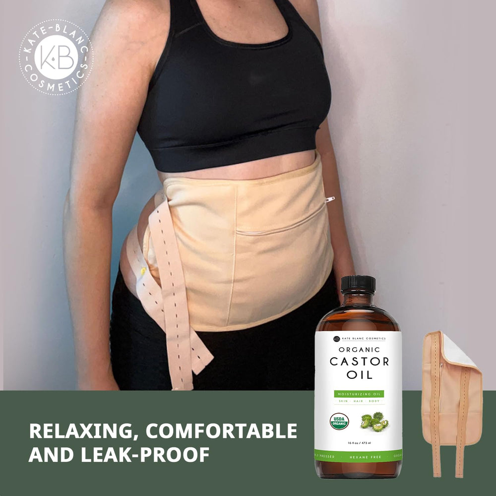 Castor oil pack applied near belly button for self-care routine
