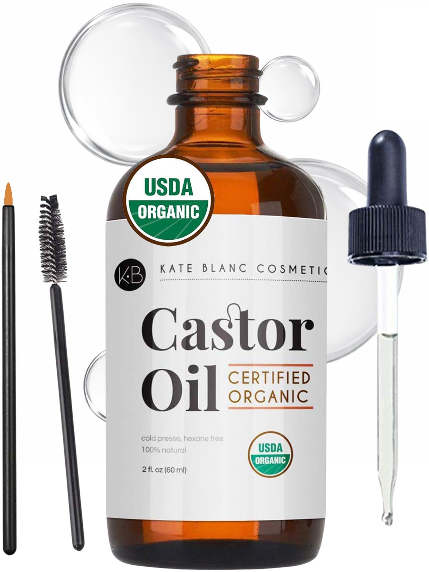 Kate Blanc Cosmetics front bottle shot showing organic castor oil and clean branding benefit