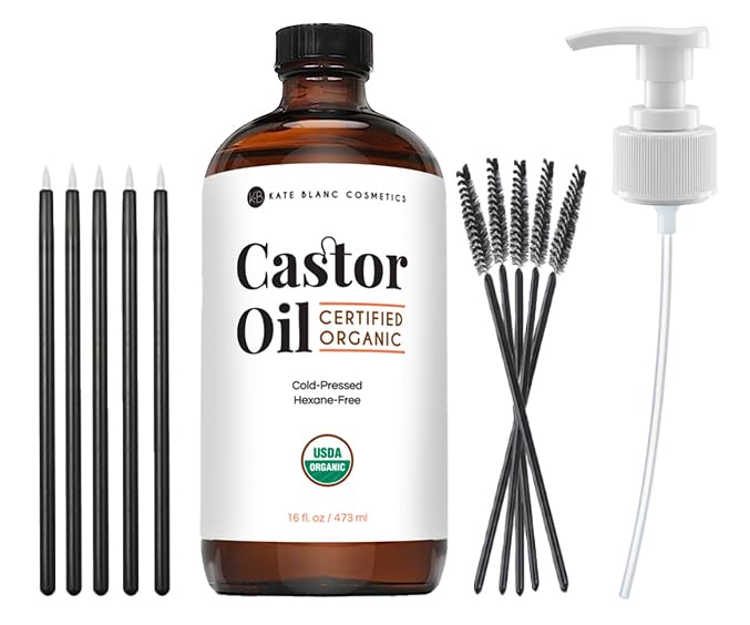 Kate Blanc Castor Oil organic 16oz glass bottle for pure conditioning of brows, lashes, and skin.