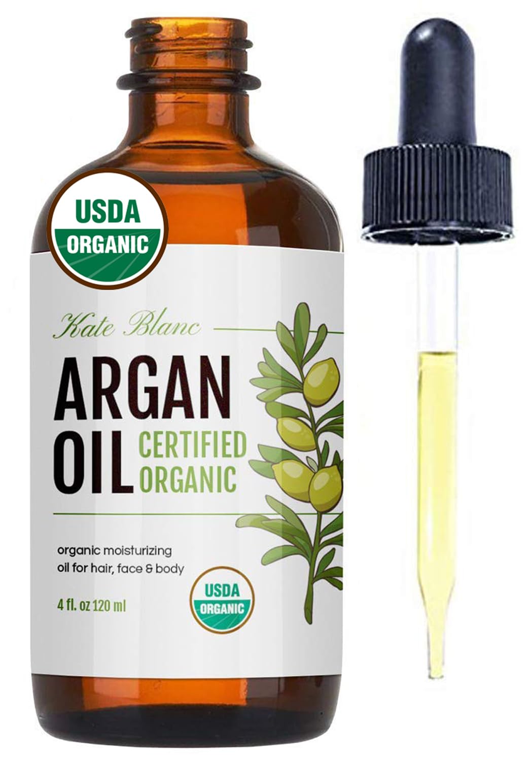 Kate Blanc Cosmetics argan oil bottle pour for lightweight hydration.