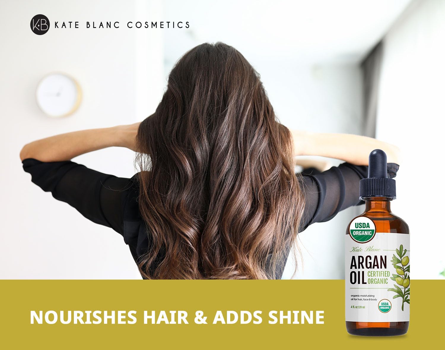 Kate Blanc Cosmetics argan oil hair treatment for frizz control.