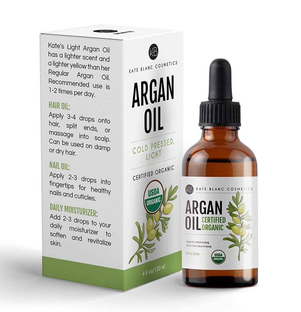 Kate Blanc Cosmetics argan oil light-scent golden bottle image.