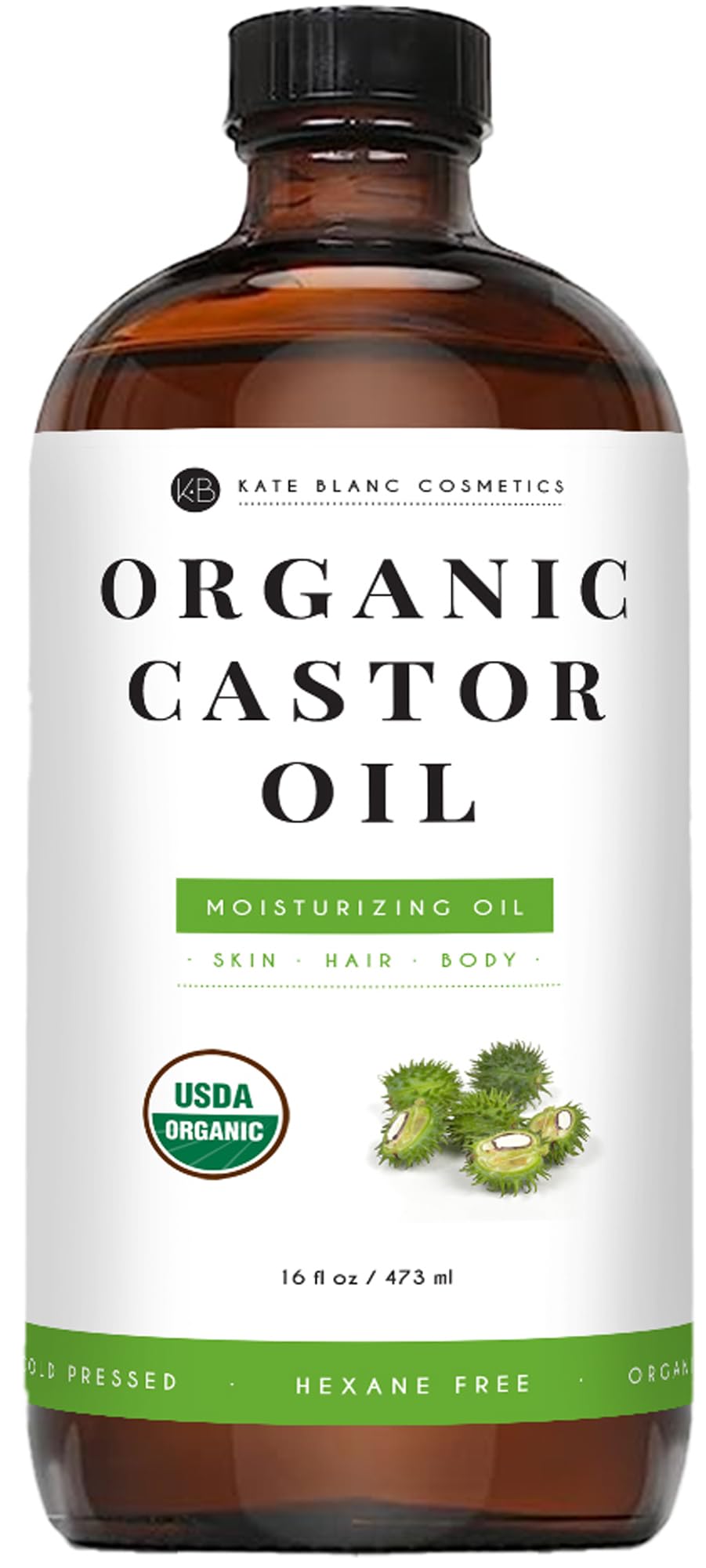 Kate Blanc Cosmetics castor oil bottle on shelf for lash and hair conditioning.