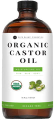 Kate Blanc Cosmetics castor oil bottle on shelf for lash and hair conditioning.