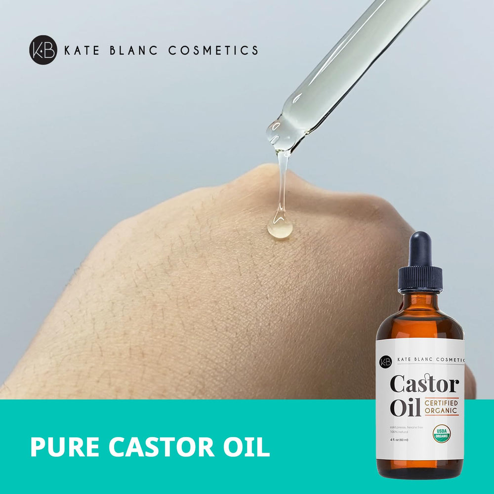 Kate Blanc Cosmetics castor oil brow application showing conditioning for fuller-looking brows.