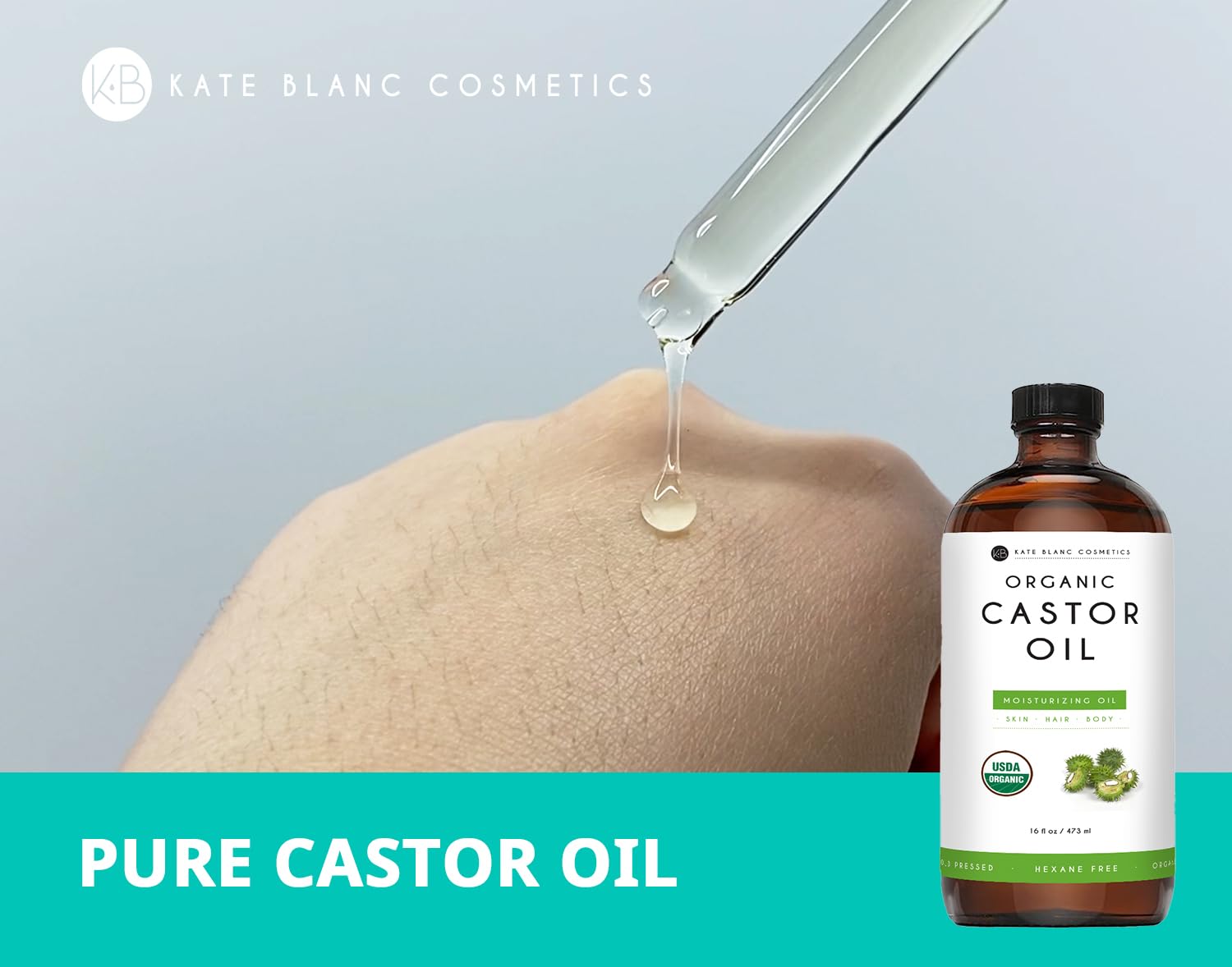 Kate Blanc Cosmetics castor oil pour close-up for skin and scalp conditioning.