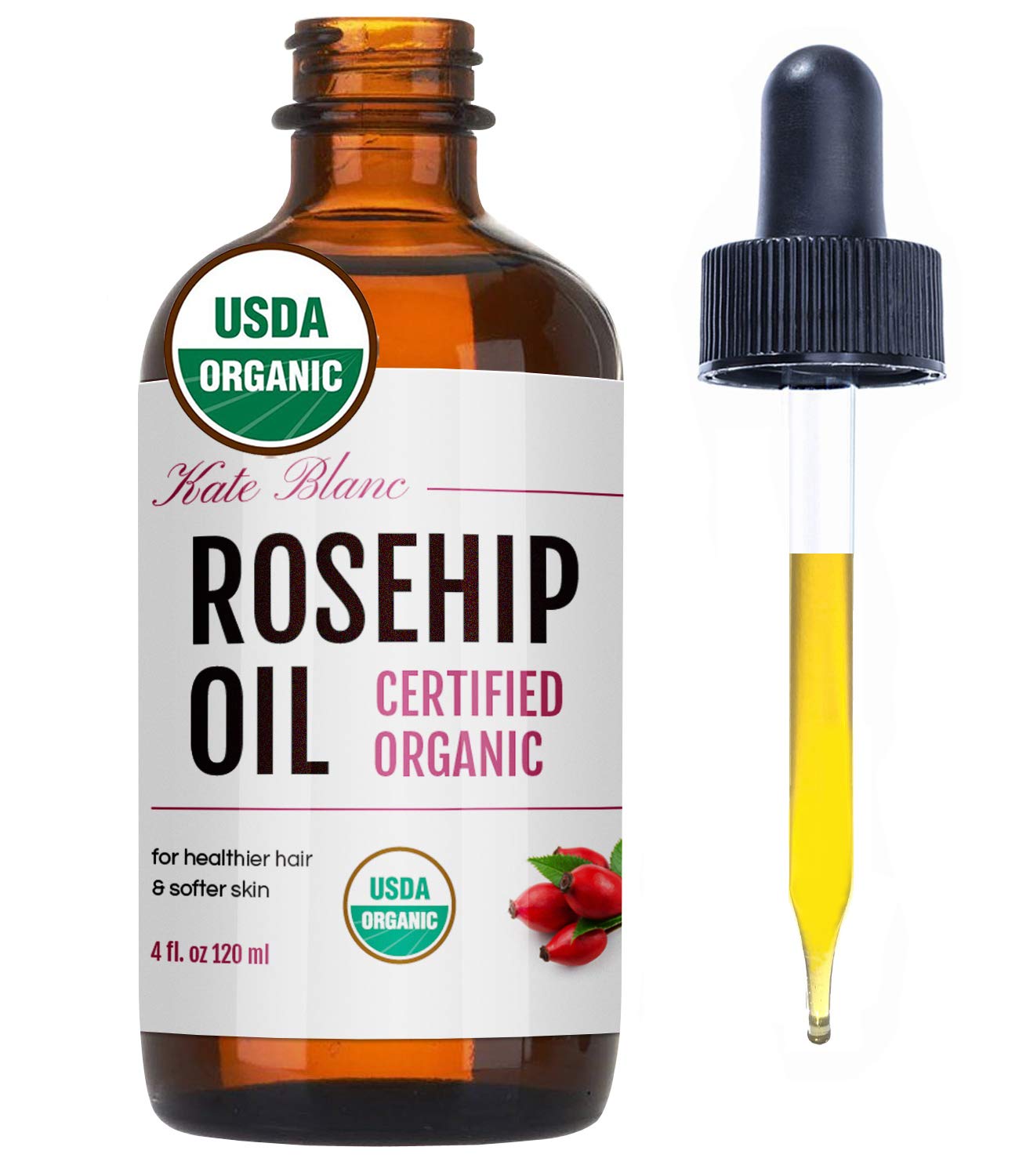 Kate Blanc Cosmetics Rosehip Oil bottle closeup showing pure organic formula for hydrated skin