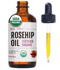 Kate Blanc Cosmetics Rosehip Oil bottle closeup showing pure organic formula for hydrated skin
