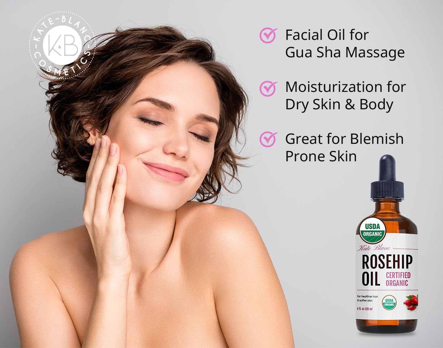 Kate Blanc Cosmetics Rosehip Oil for face application demonstrates fast-absorbing, non-greasy moisture