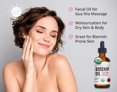 Kate Blanc Cosmetics Rosehip Oil for face application demonstrates fast-absorbing, non-greasy moisture