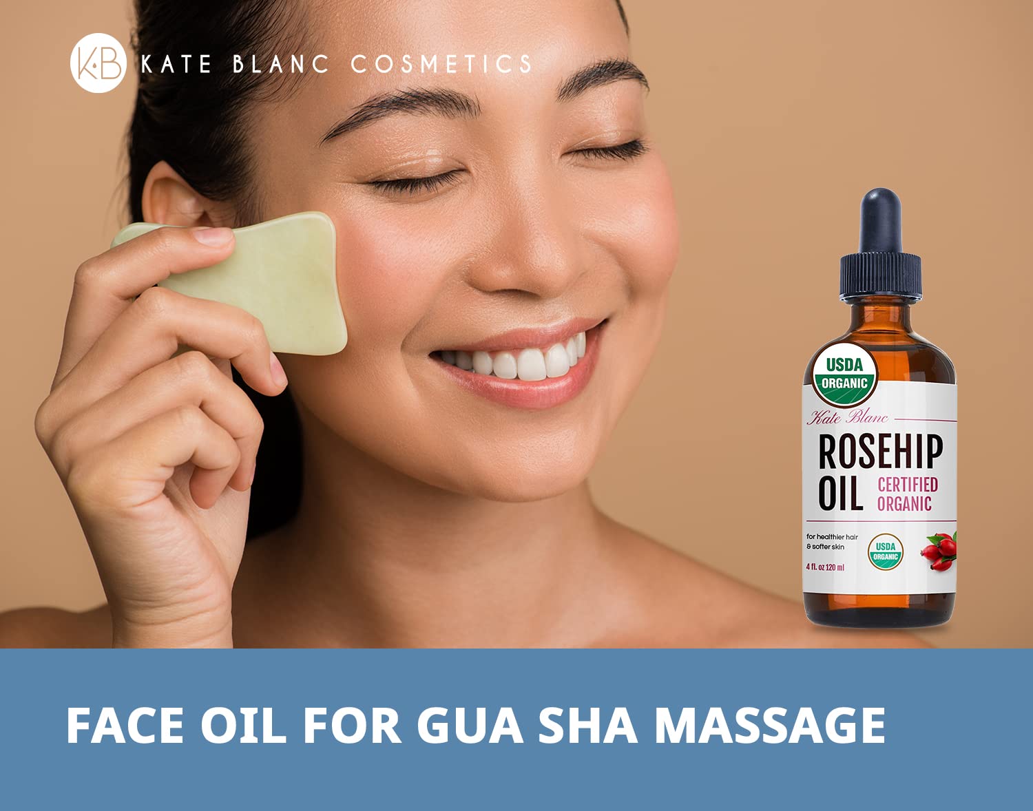 Kate Blanc Cosmetics Rosehip Oil showcases gua sha glide for soothing facial massage