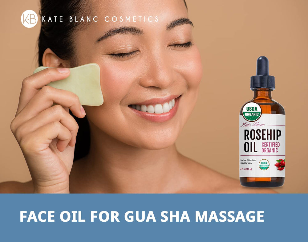 Kate Blanc Cosmetics Rosehip Oil showcases gua sha glide for soothing facial massage