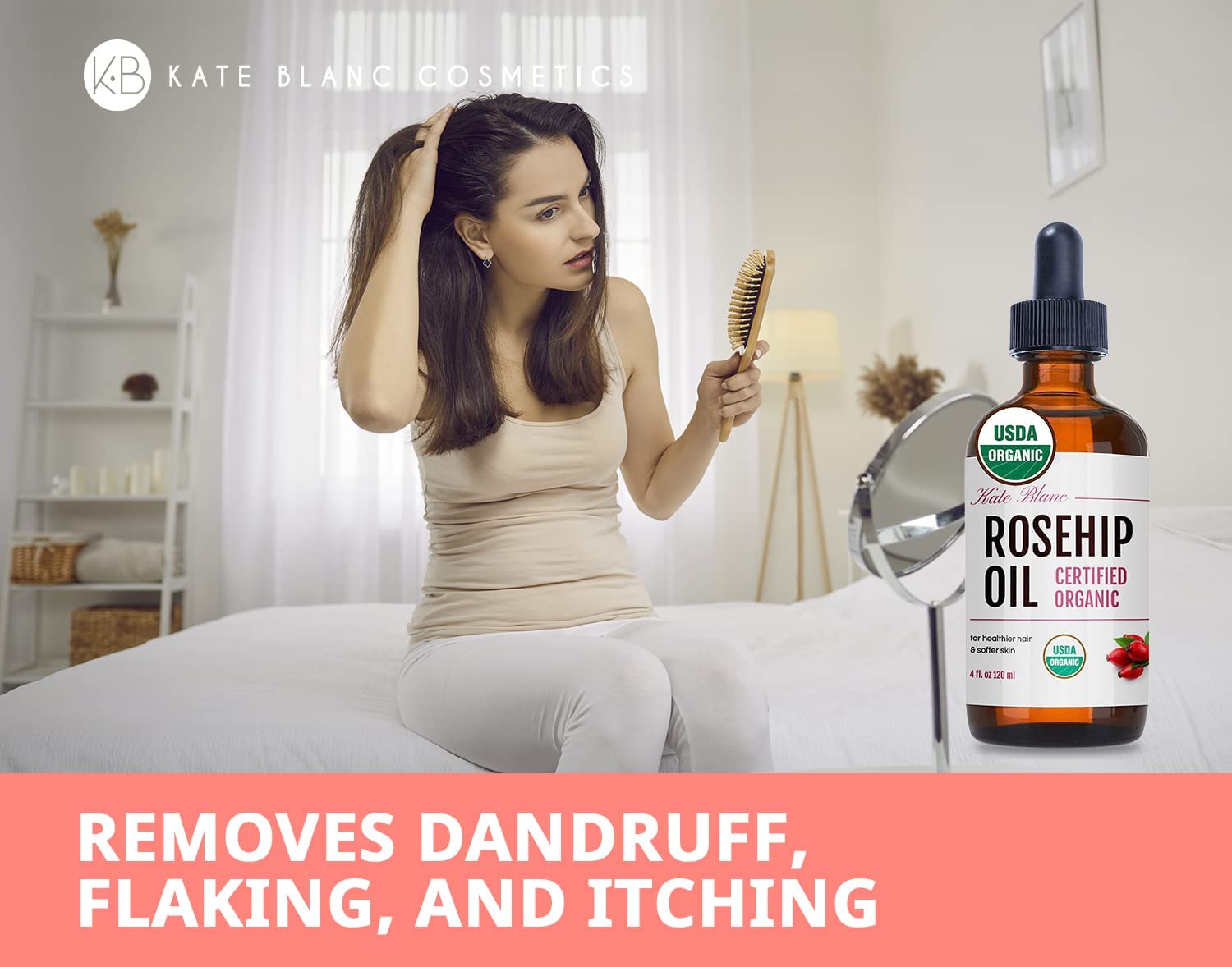 Kate Blanc Cosmetics Rosehip Oil organic label signals purity and cold-pressed sourcing