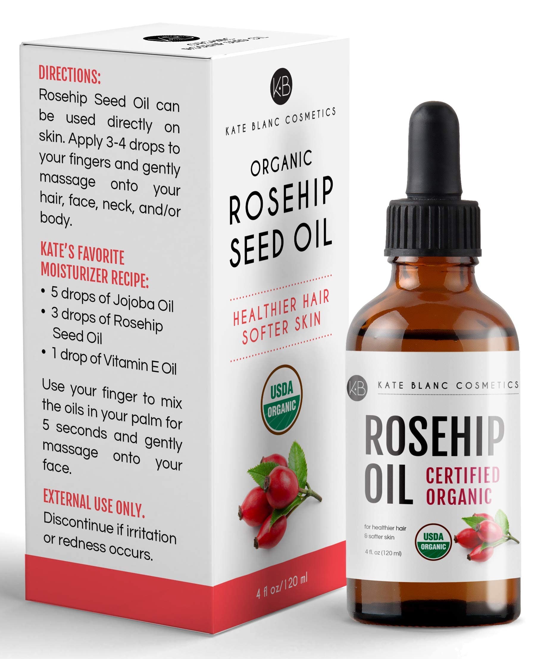 Kate Blanc Cosmetics Rosehip Oil moisturizes the scalp for balanced hair care