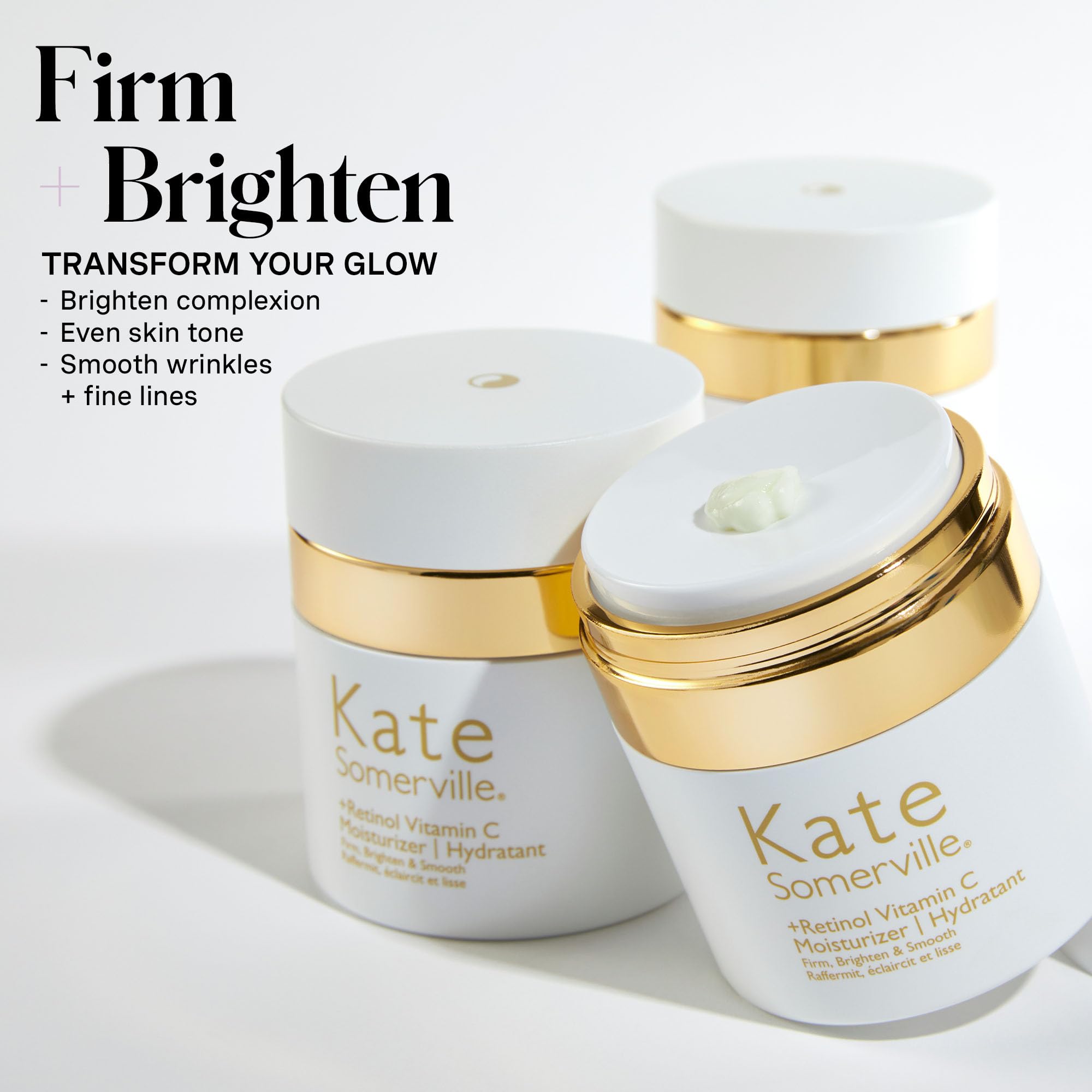 Kate Somerville brightening anti-aging cream application image suggests smoother skin.