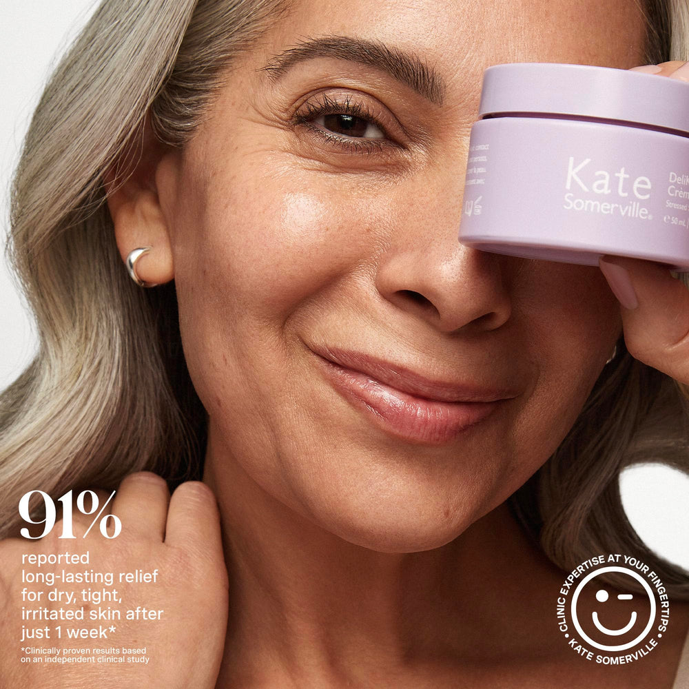 Application of Kate Somerville DeliKate Recovery Cream on face and neck for calming hydration