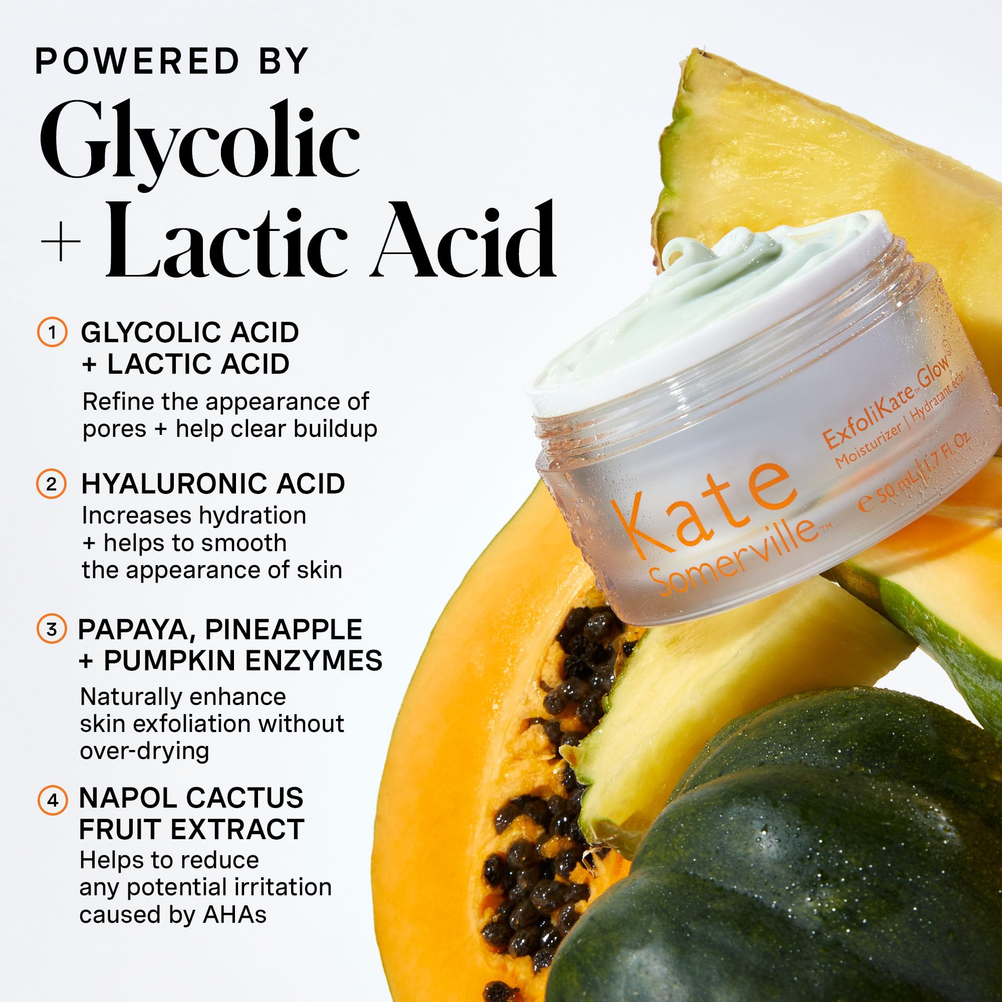Kate Somerville ExfoliKate Glow Moisturizer cream texture swatch demonstrates a smooth, even skin surface