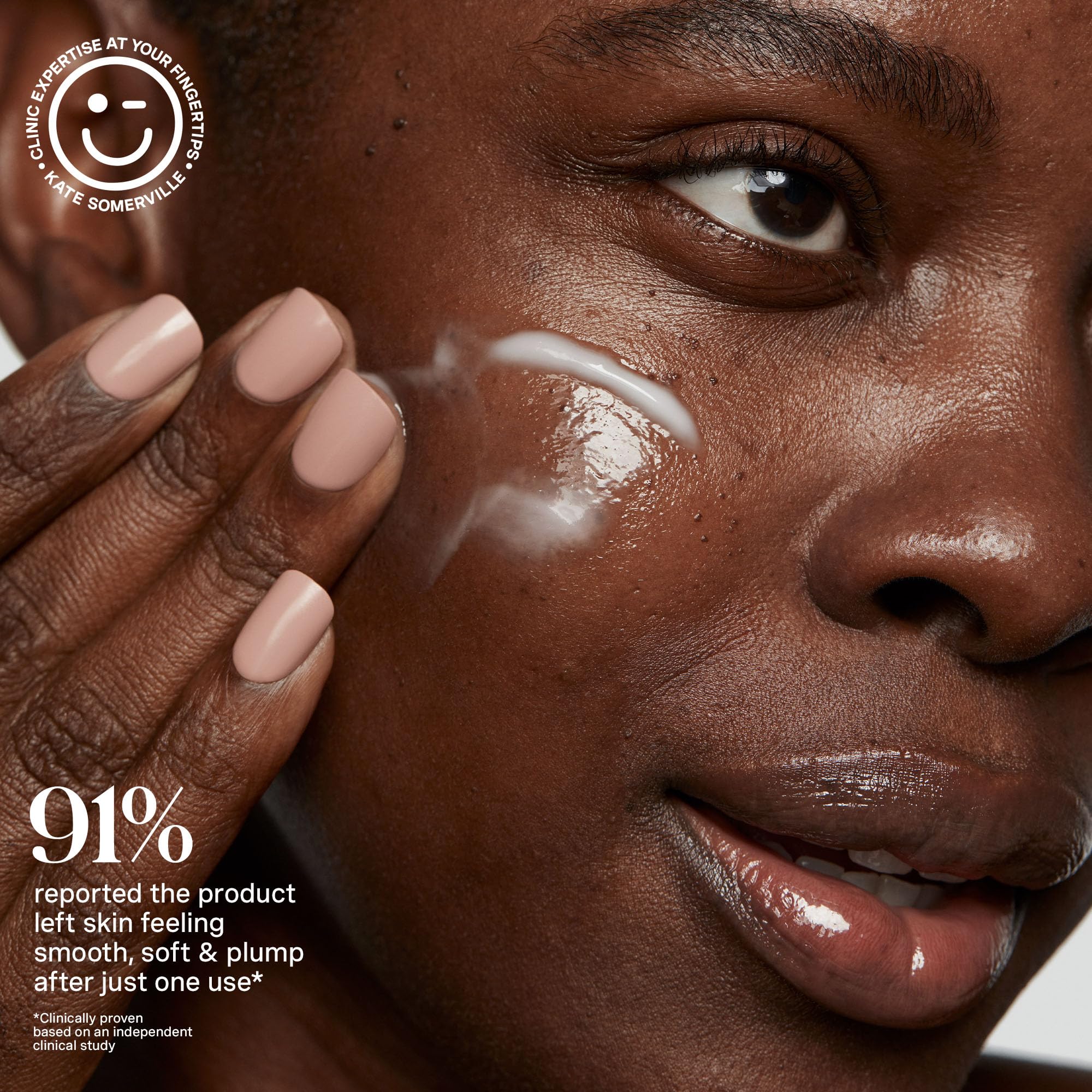 Kate Somerville HydraKate applied on cheek shows a plump, refreshed look.