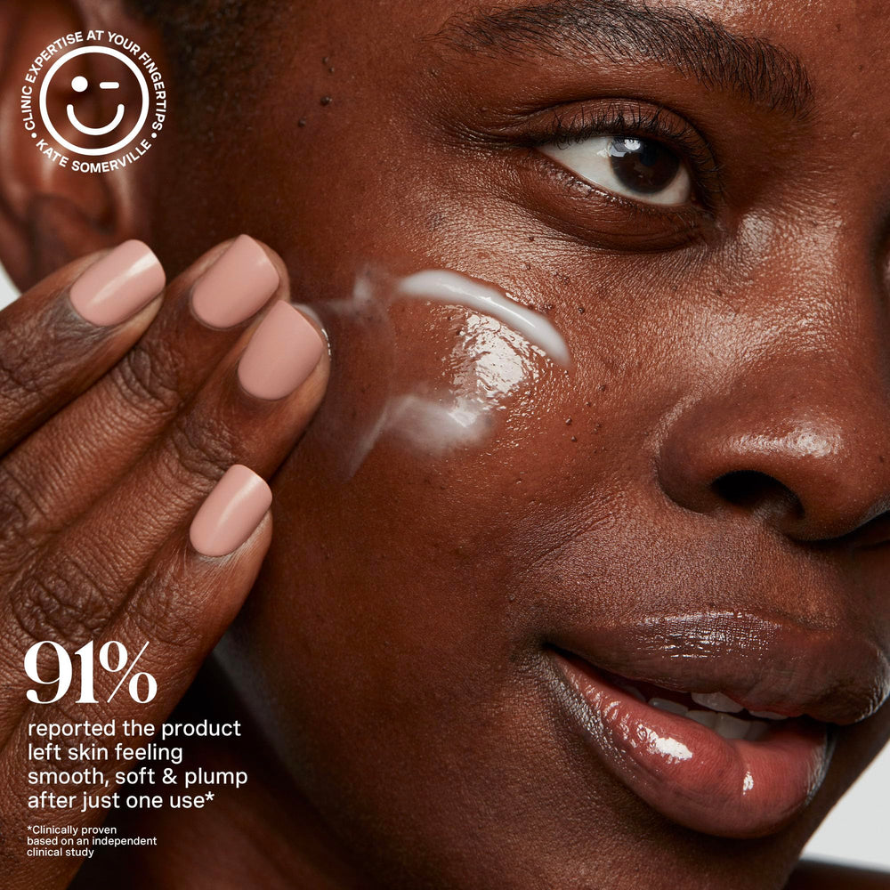 Kate Somerville HydraKate applied on cheek shows a plump, refreshed look.