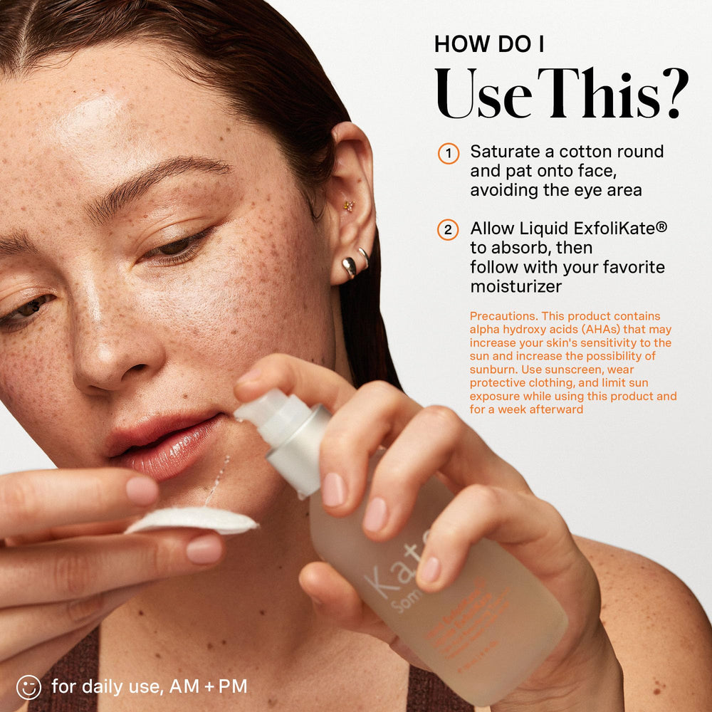 Liquid ExfoliKate tube packaging shown for at-home resurfacing treatment.