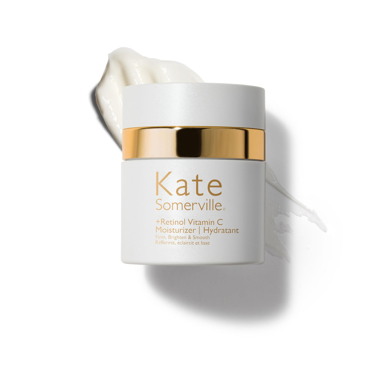 Kate Somerville Retinol Vitamin C Moisturizer bottle closeup shows overnight brightening potential.