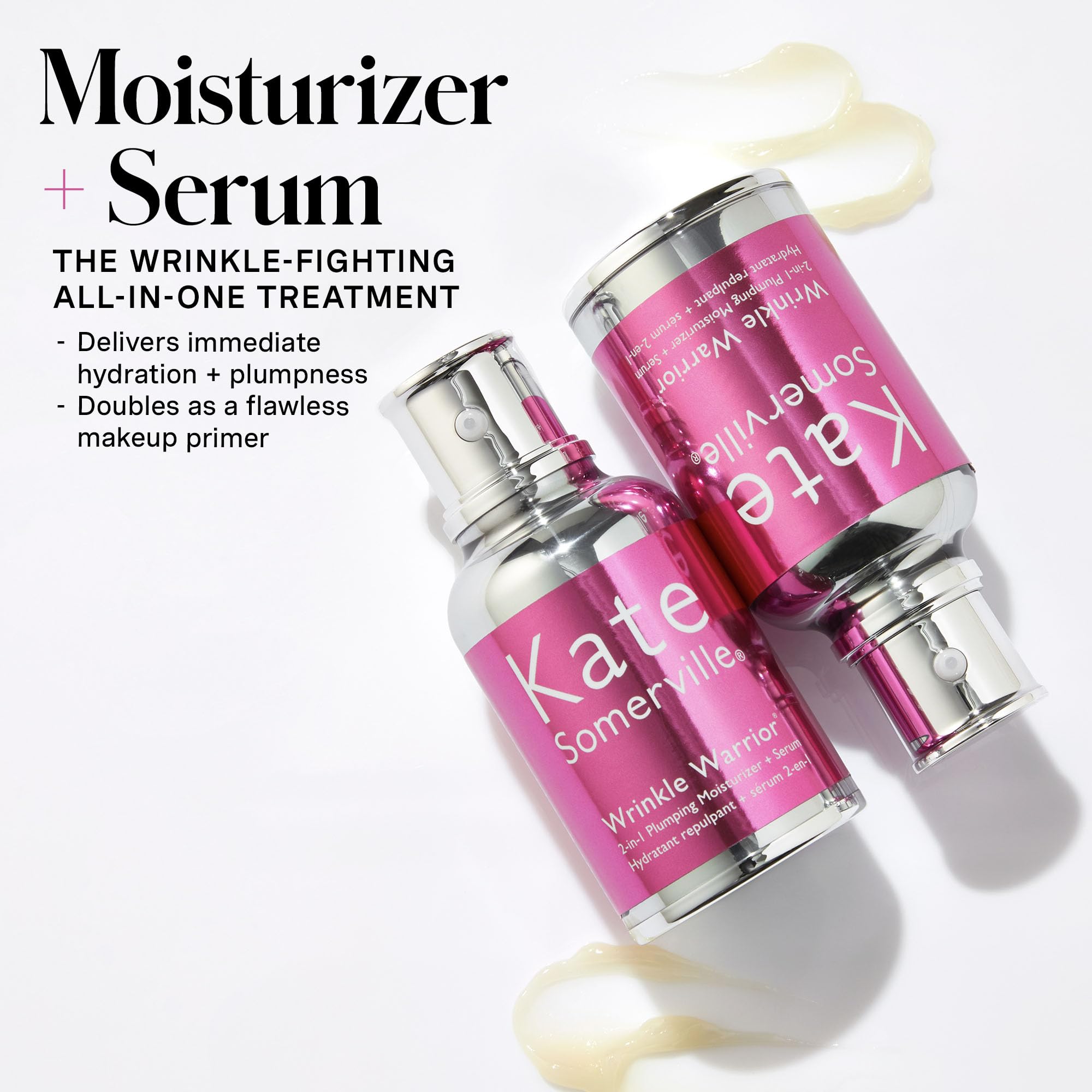 Kate Somerville Wrinkle Warrior HA3 triple-molecule formula graphic emphasizes deep hydration.