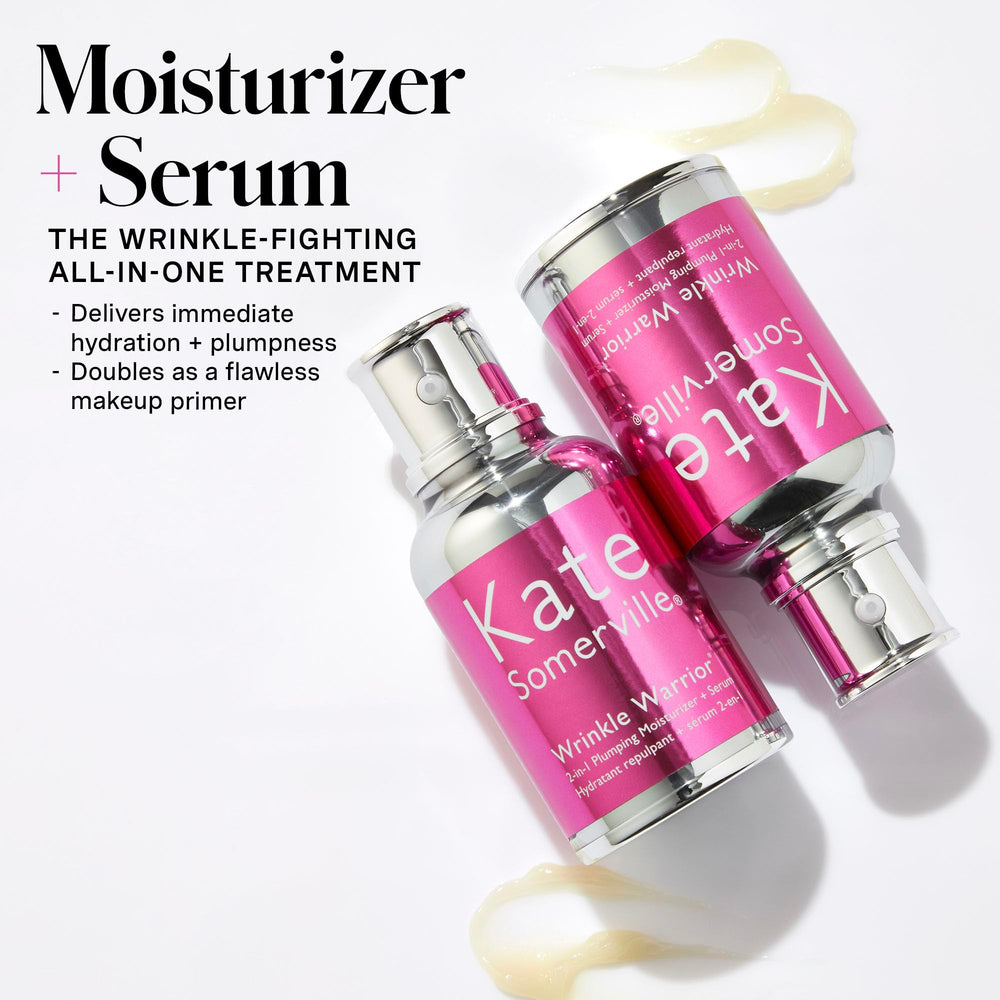 Kate Somerville Wrinkle Warrior HA3 triple-molecule formula graphic emphasizes deep hydration.