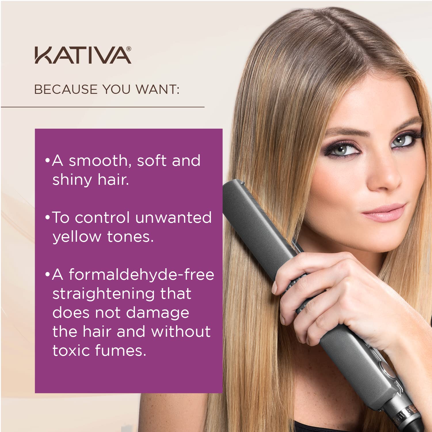 KATIVA blonde straightening result demonstrates smoother, shinier hair