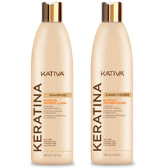 KATIVA keratin pack bottle showing shampoo and conditioner for nourished, shiny hair