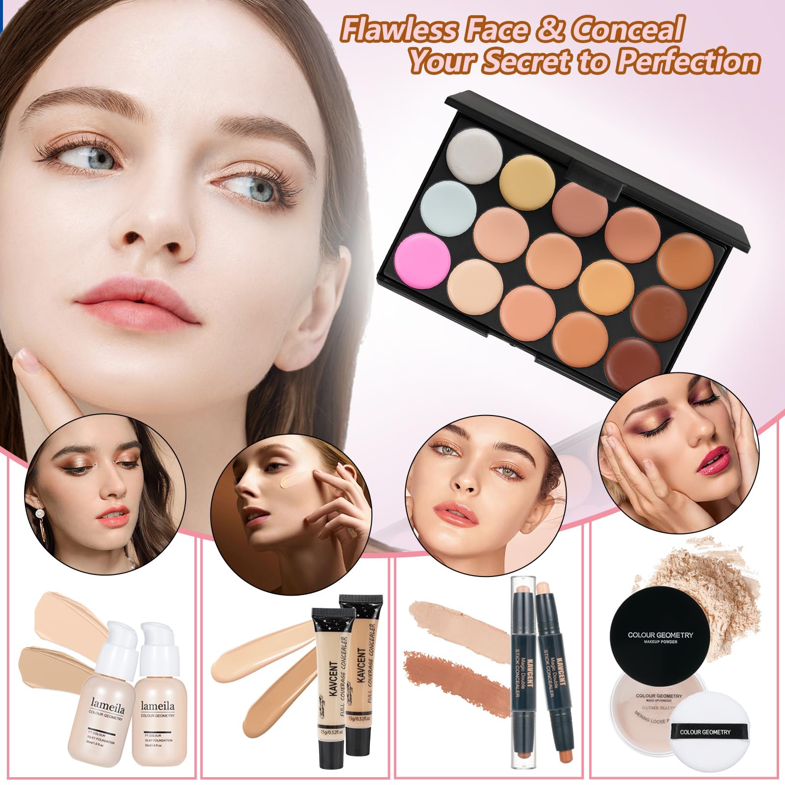 KAVCENT makeup kit brushes and powder puff for smooth makeup application.